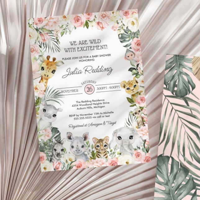 Invitación Baby Shower de las flores rosadas Jungle Safari An (Subido por el creador)