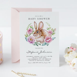 Invitación Baby Shower de las flores rosadas y los conejitos 