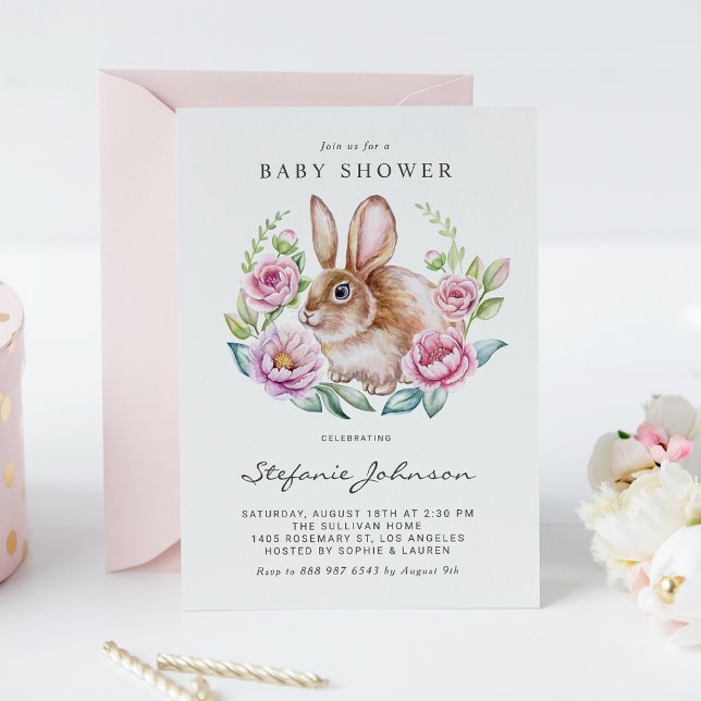 Invitación Baby Shower de las flores rosadas y los conejitos  (Subido por el creador)