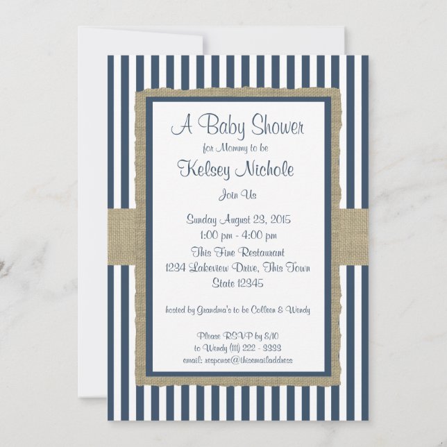 Invitación Baby Shower de las franjas azules de la marina (Reverso)