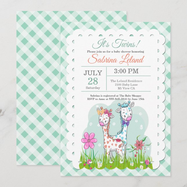 Invitación Baby Shower de las jirafas adorables de los gemelo (Anverso / Reverso)