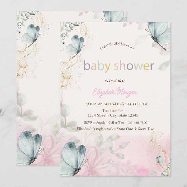 Invitación Baby Shower de las mariposas azules de primavera (Anverso / Reverso)
