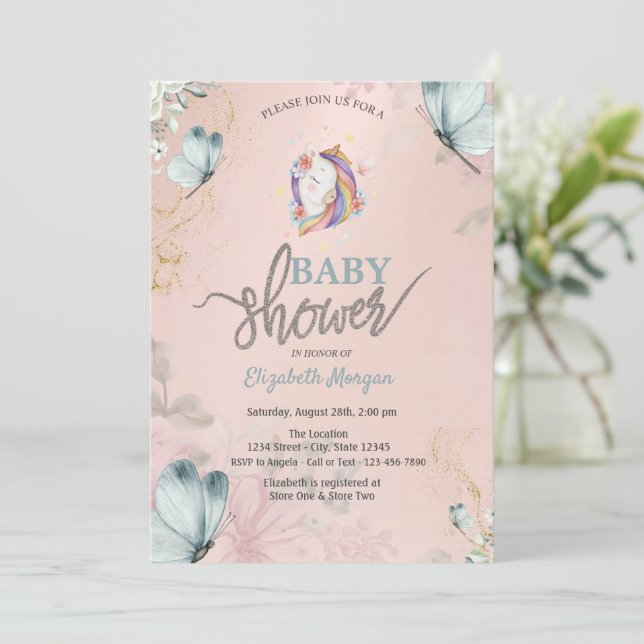 Invitación Baby Shower de las mariposas azules de Unicorn (Anverso de pie)
