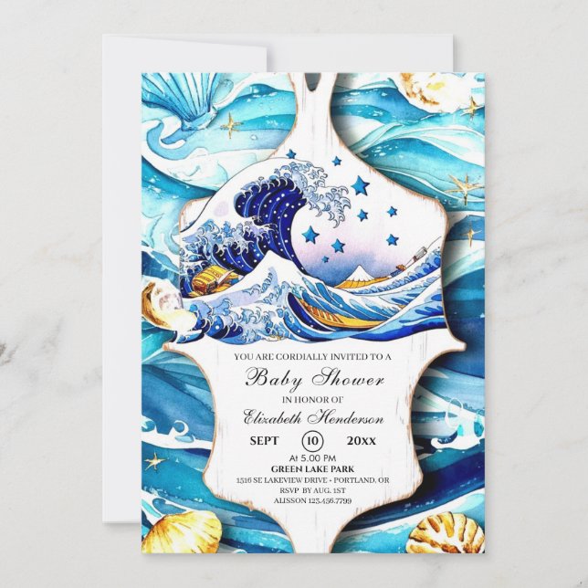 Invitación Baby Shower de las olas del océano azul (Anverso)