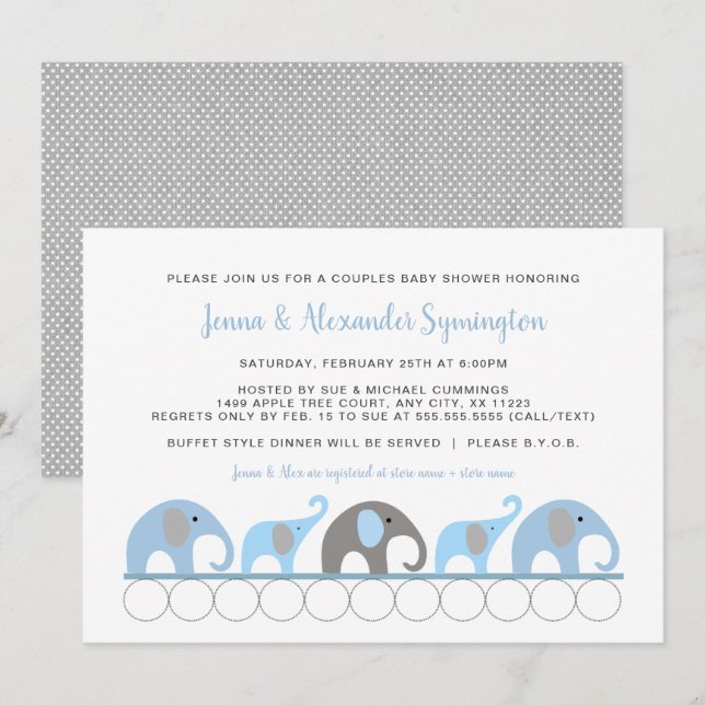 Invitación Baby Shower de las parejas de elefantes azules (Anverso / Reverso)
