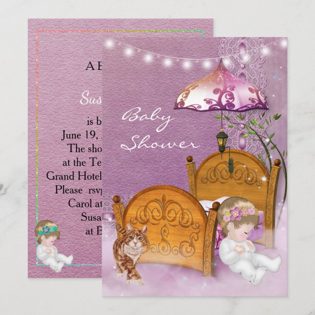 Invitación Baby Shower de lavanda de época con cun (Anverso / Reverso)