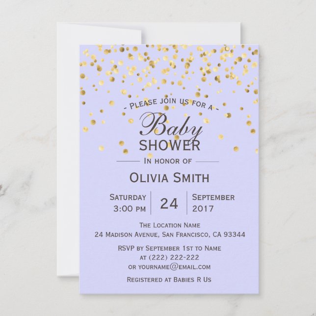 Invitación Baby Shower de Lavanda Personalizada Gold Invita (Anverso)