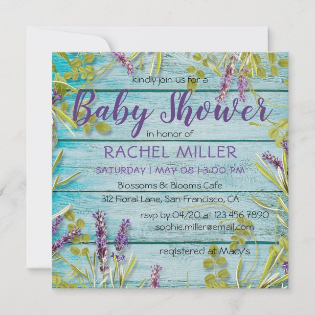 Invitación Baby Shower de Lavanda Rustic Beach Moda (Anverso)