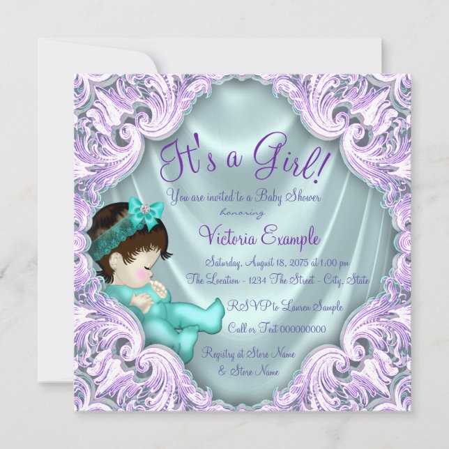 Invitación Baby Shower de Lavanda y Turquesa (Anverso)