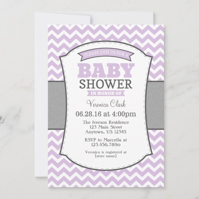 Invitación Baby Shower de Lavender Gray Chevron (Anverso)