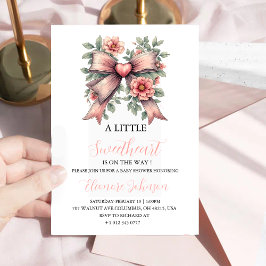 Invitación Baby Shower de lazo rosa y florecitas en forma de