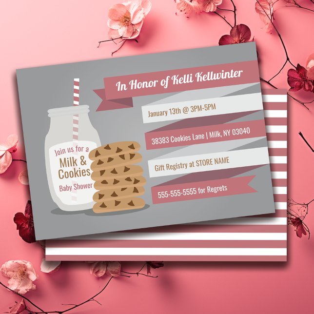 Invitación Baby Shower de leche y galletas - Fiesta rayado ro (Milk and Cookies Baby Shower – Pink Striped Party Invitation)