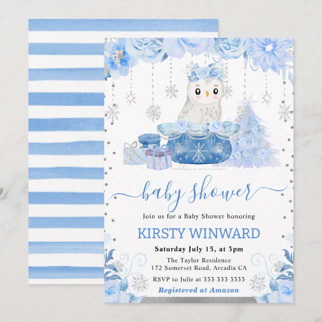 Invitación Baby Shower de lechuza ártica acuarela (Anverso / Reverso)