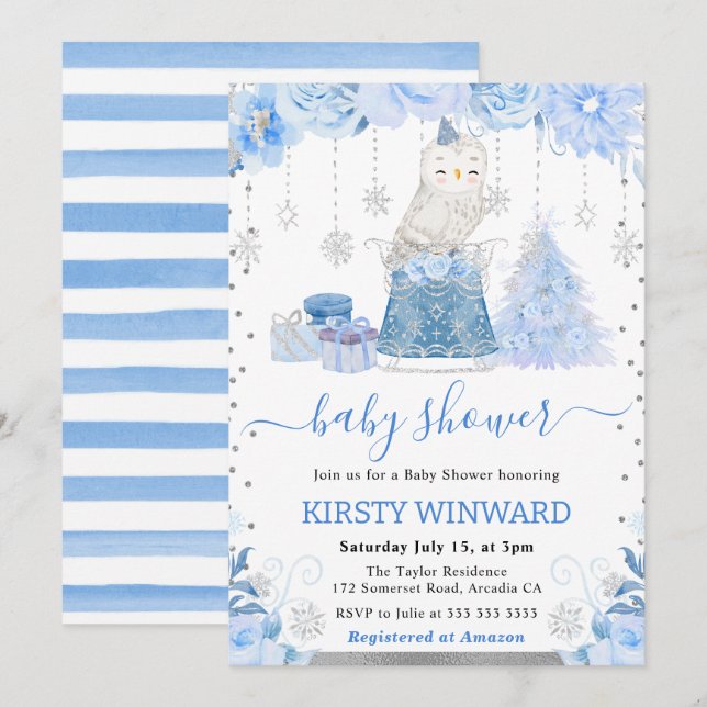 Invitación Baby Shower de lechuza ártica acuarela (Anverso / Reverso)
