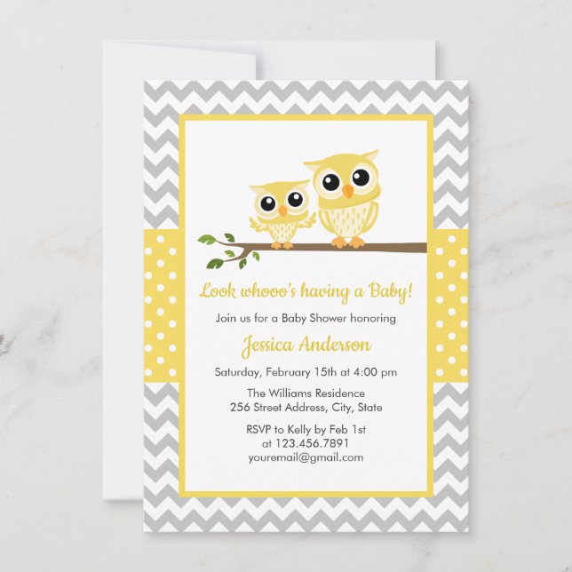 Invitación Baby Shower de Lechuza Cuta Neutral de Chevron Gri (Anverso)
