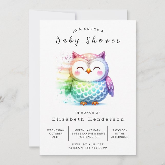 Invitación Baby Shower de lechuza imprimible (Anverso)
