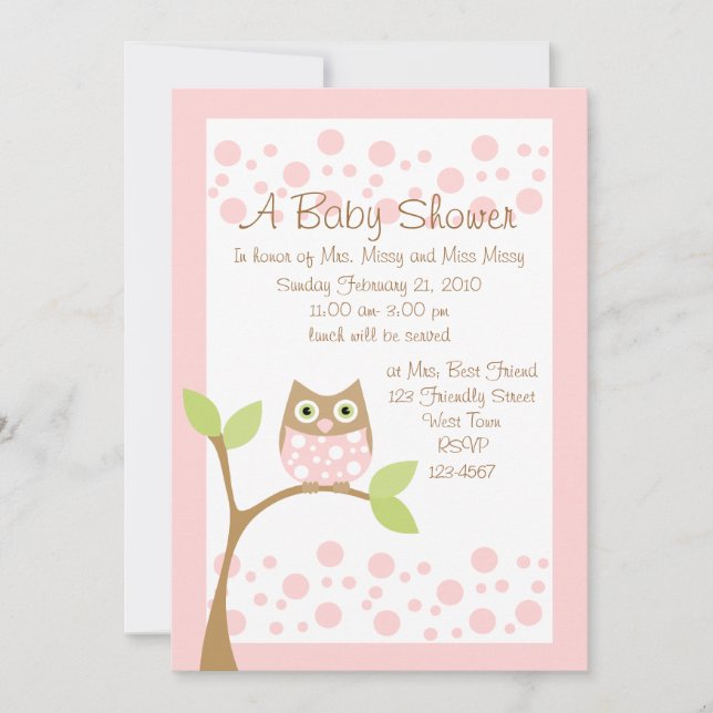 Invitación Baby Shower de Lechuza Rosa Ligera (Anverso)