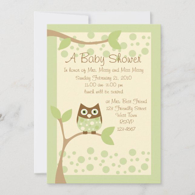Invitación Baby Shower de Lechuza Verde Suave (Anverso)