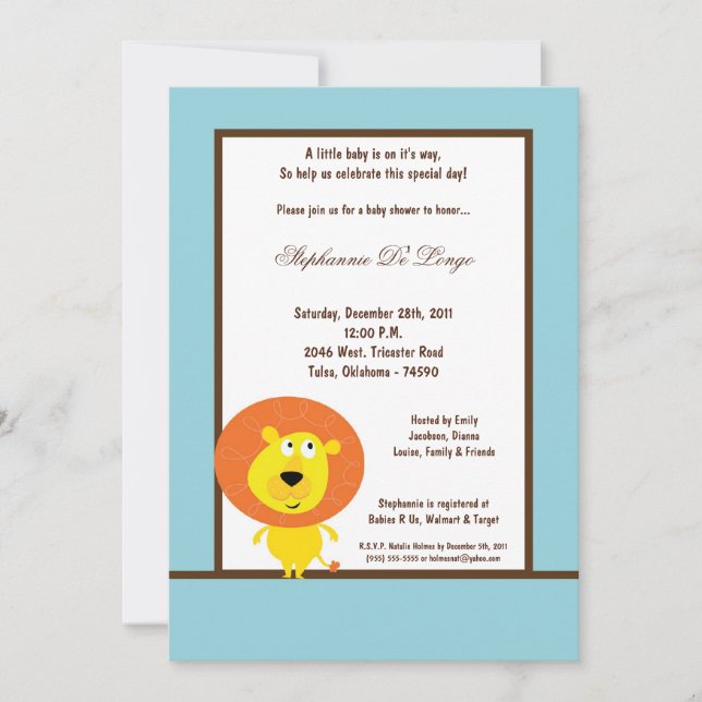 Invitación Baby Shower de león azul 5x7 (Anverso)