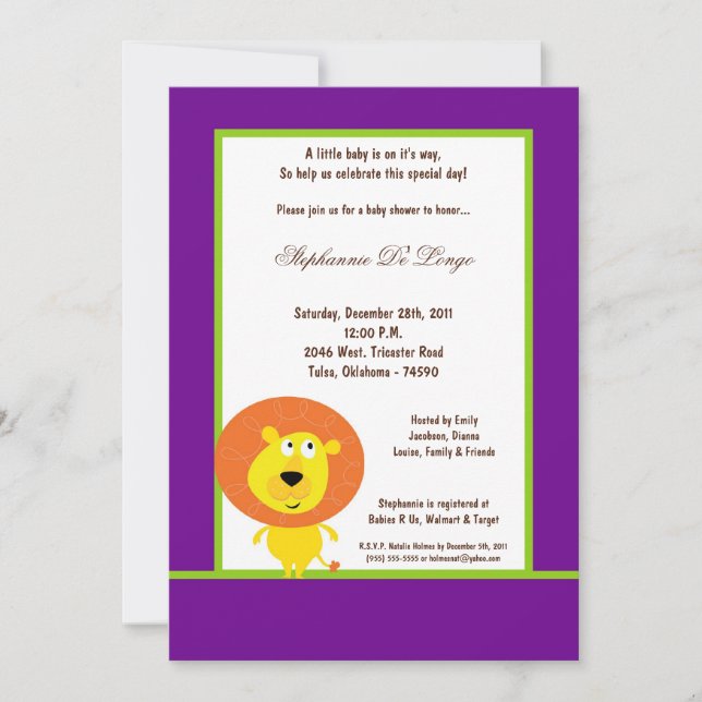 Invitación Baby Shower de león púrpura de 5x7 (Anverso)