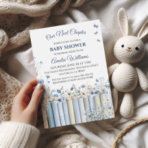 Baby Shower de libros de historias con flores azul