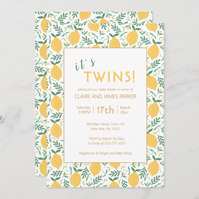 Invitación Baby Shower de limón amarillo con los gemelos (Anverso / Reverso)