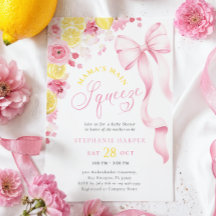 Invitación Baby Shower de limón con flores rosadas