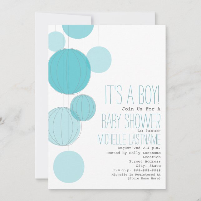 Invitación Baby Shower de linternas azules (Anverso)