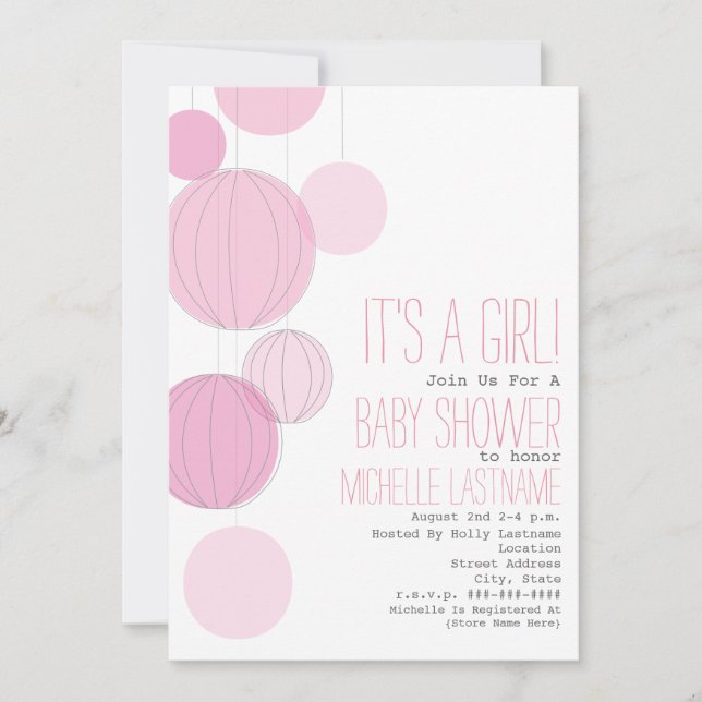 Invitación Baby Shower de linternas rosadas (Anverso)