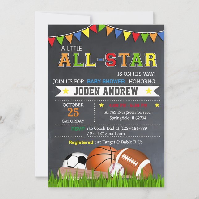 Invitación Baby Shower de Little All Star Sports (Anverso)