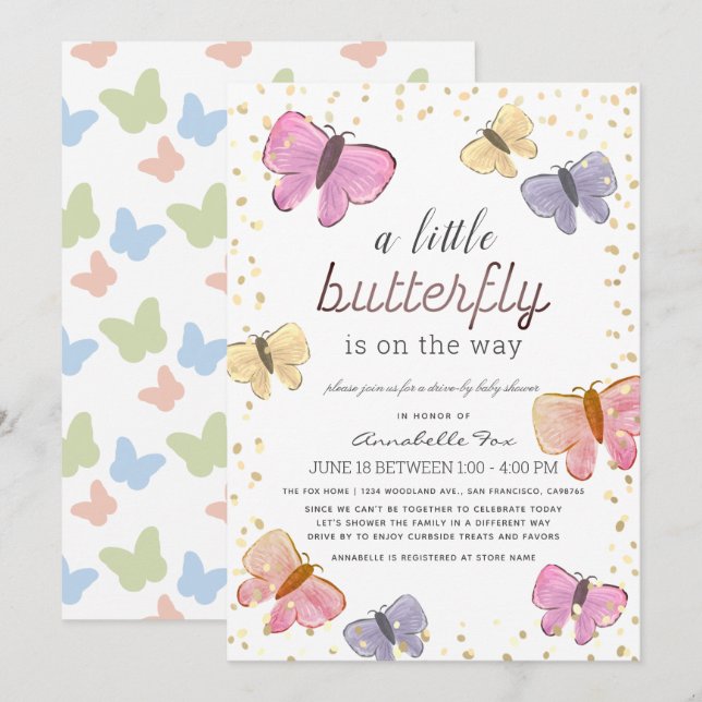 Invitación Baby Shower de Little Butterfly Drive (Anverso / Reverso)