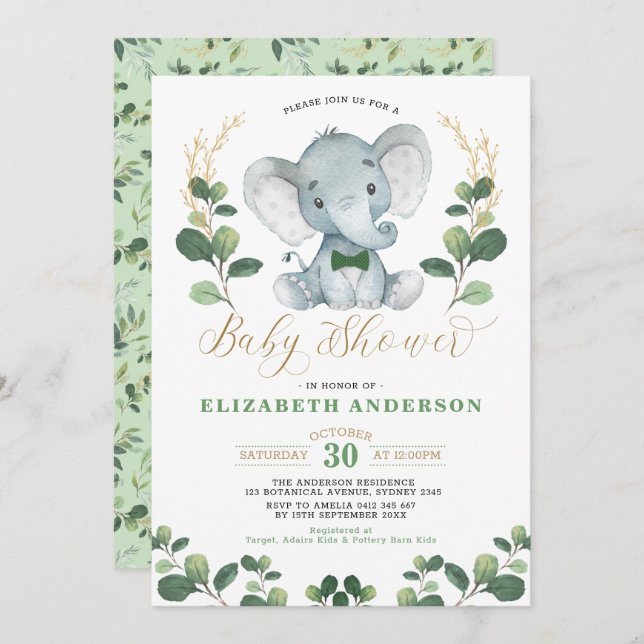 Invitación Baby Shower de Little Man Elephant Greenery Boy Go (Anverso / Reverso)