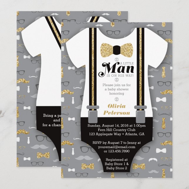 Invitación Baby Shower de Little Man, Purpurina fa (Anverso / Reverso)