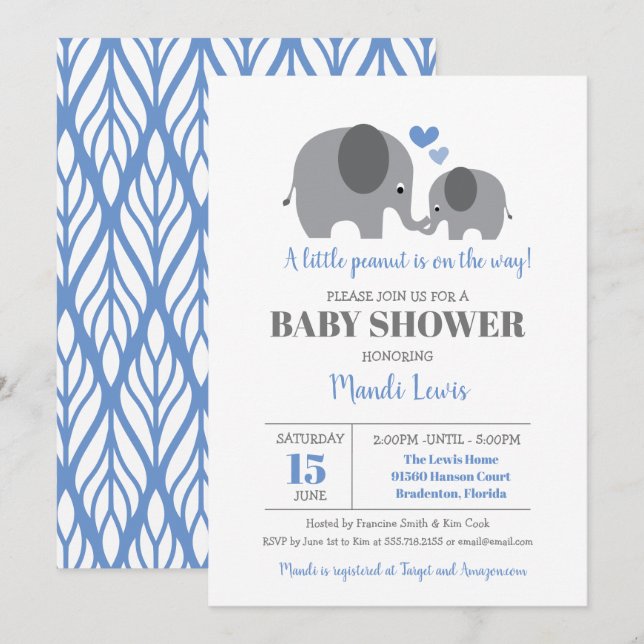 Invitación Baby Shower de Little Peanut Elephant Blue Boy (Anverso / Reverso)