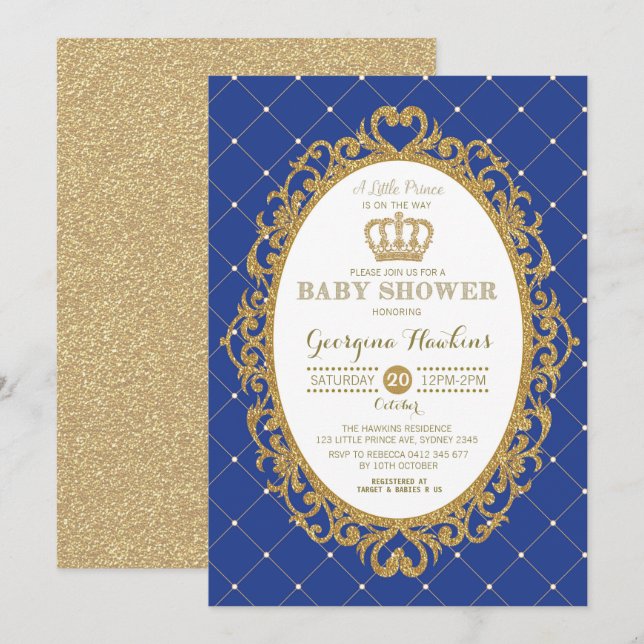Invitación Baby Shower de Little Prince Royal Blue (Anverso / Reverso)