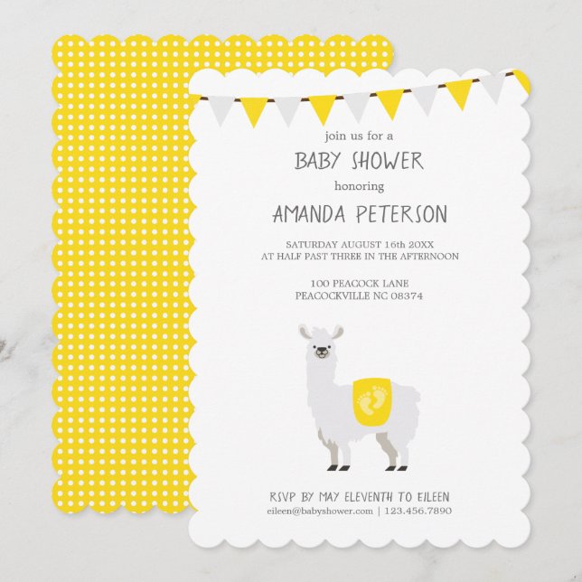 Invitación Baby Shower de Llama Neutral de Género Amarillo y  (Anverso / Reverso)