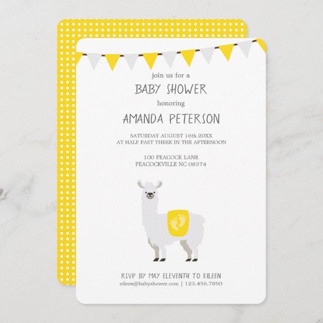 Invitación Baby Shower de Llama Neutral de Género Amarillo y  (Anverso / Reverso)