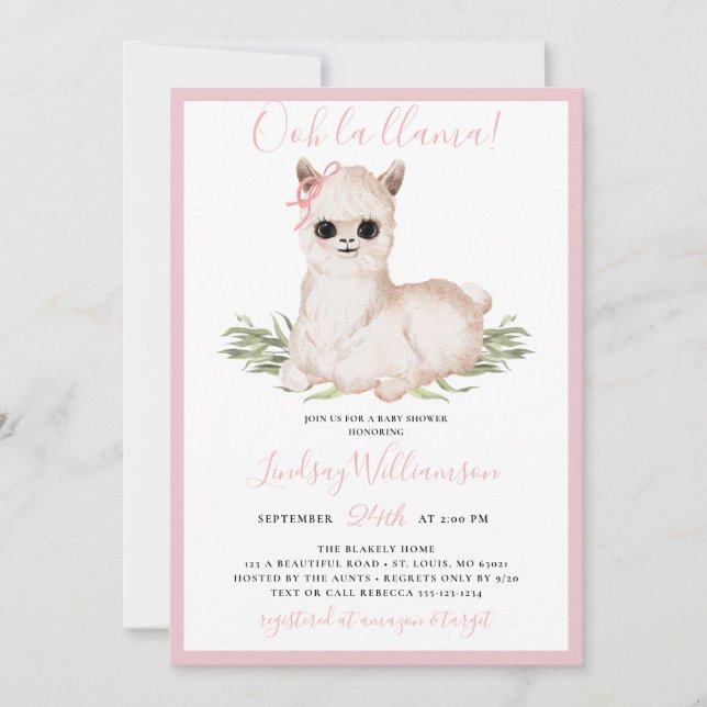 Invitación Baby Shower de Llama Rosa (Anverso)