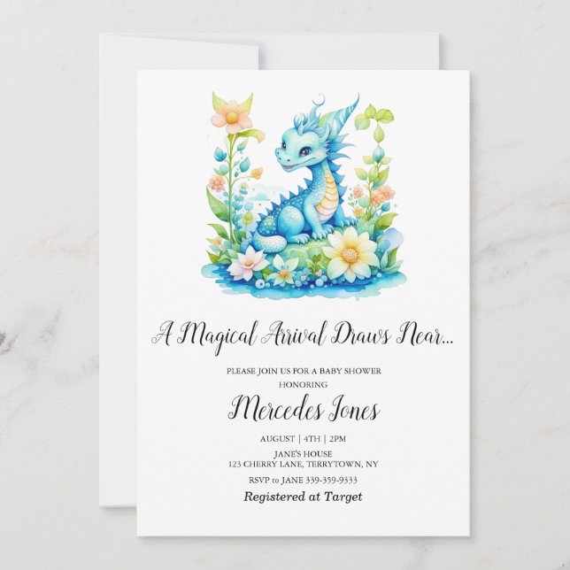 Invitación Baby Shower de llegada mágica floral del Dragón Az (Anverso)