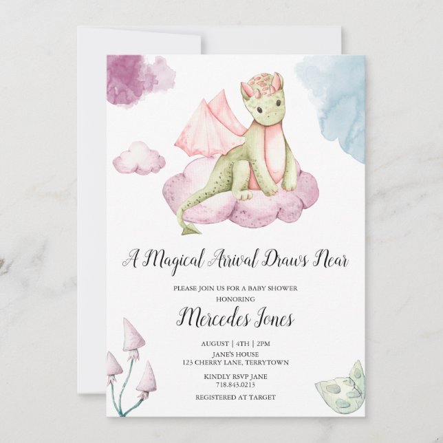 Invitación Baby Shower de llegadas mágicas de dragon acuarela (Anverso)