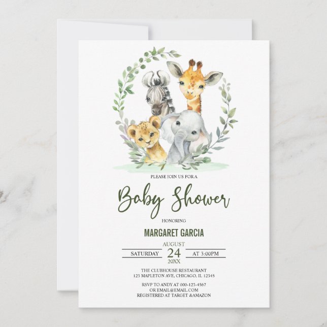 Invitación Baby Shower de los animales de la jungla de los le (Anverso)