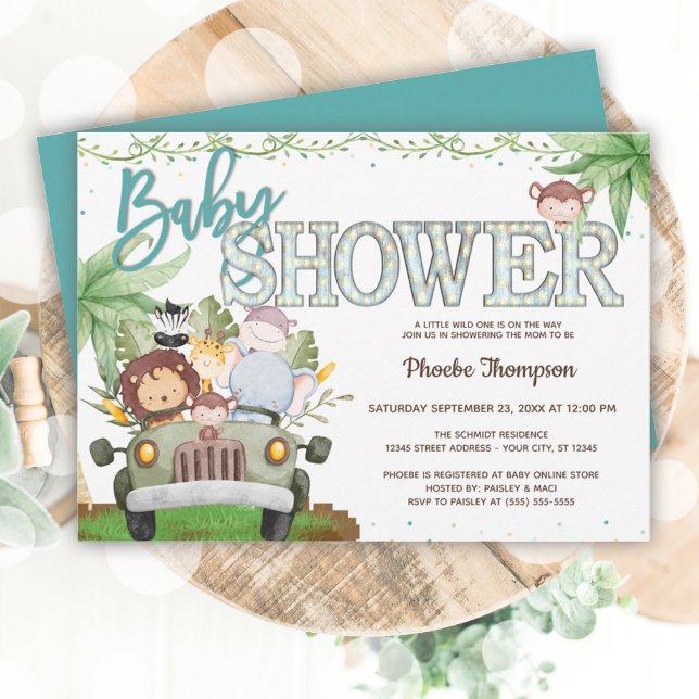 Invitación Baby Shower de los animales de Safari Azul (Blue Safari Animals Baby Shower Invitation)