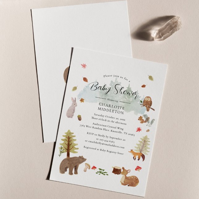 Invitación Baby Shower de los animales de Woodland otoño (Woodland Animals Script Fall Rustic Baby Shower Invitation)