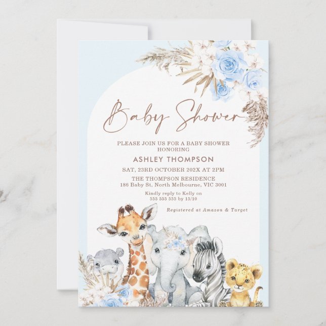 Invitación Baby Shower de los animales del Arco Floral Azul B (Anverso)