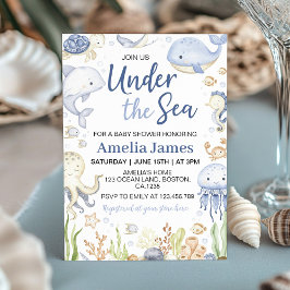 Invitación Baby Shower de los animales del océano azul bajo e