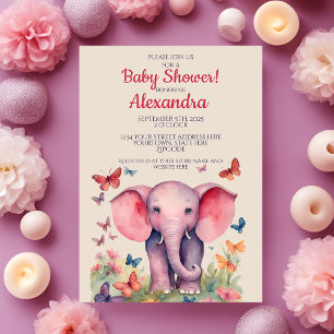 Invitación Baby Shower de los Chicas rosados del elefante beb