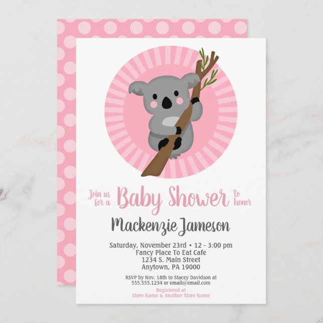 Invitación Baby Shower de los Chicas rosados Koala Bear (Anverso / Reverso)