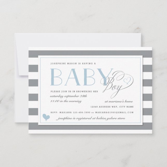 Invitación Baby Shower de los chicos azul claro gris y franja (Anverso)
