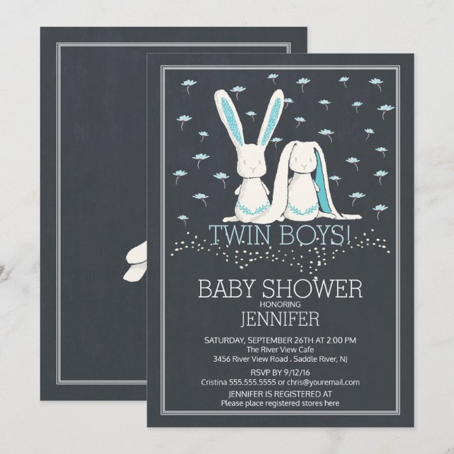Invitación Baby Shower de los chicos de Chalkboard Bunny TWIN (Anverso / Reverso)