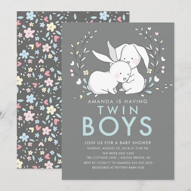 Invitación Baby Shower de los chicos gemelos Bunny (Anverso / Reverso)